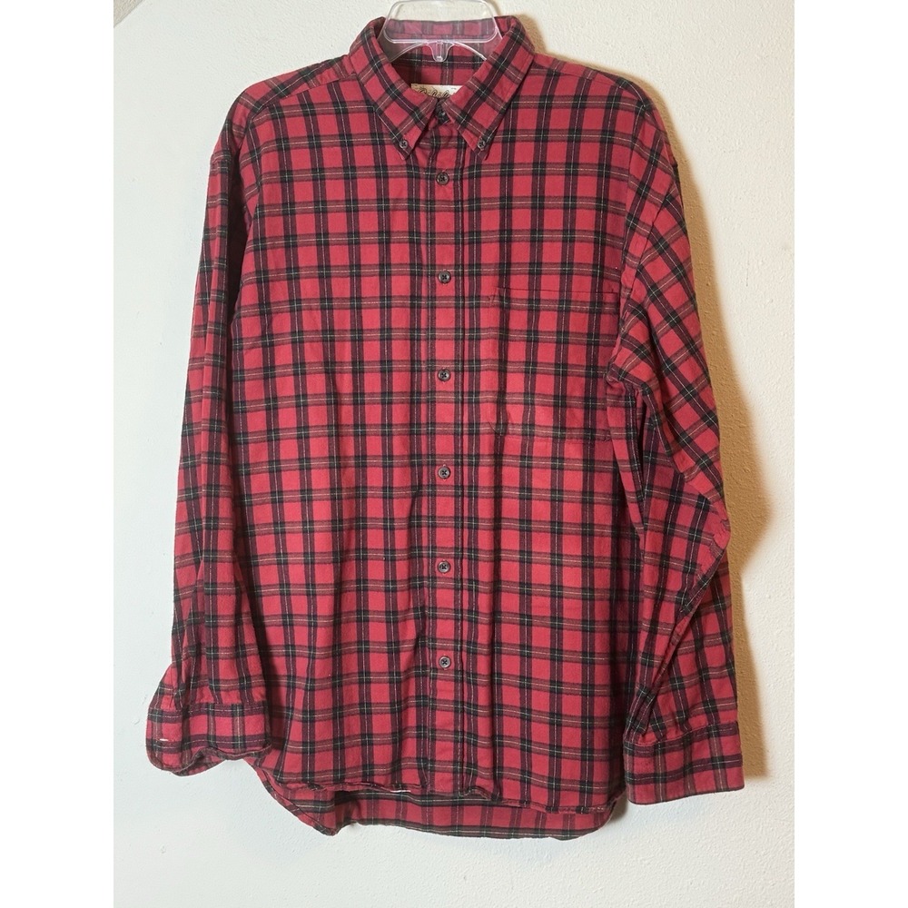 Cabela's Red Black Plaid Flannel Button Down Shirt Men's Large Long Sleeve